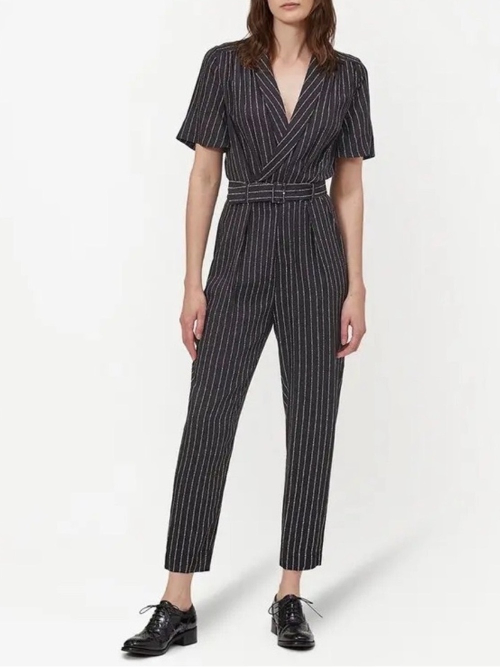 Equipment Scarvetta Speckled Striped Collared Jumpsuit Short Sleeve Belted